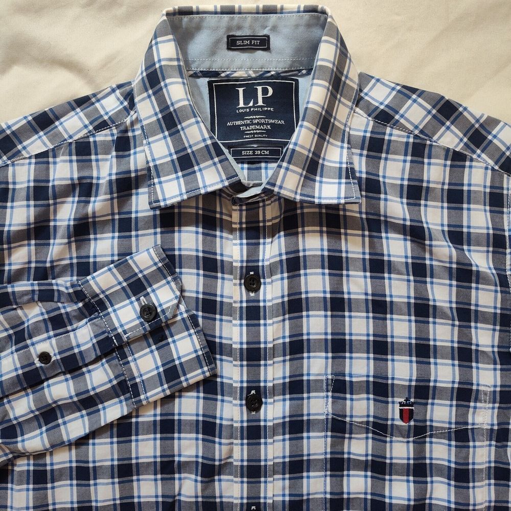 Louis Philippe Slim Fit‎ Men Size 39 cm Plaid Long Sleeve Button Up Shirt